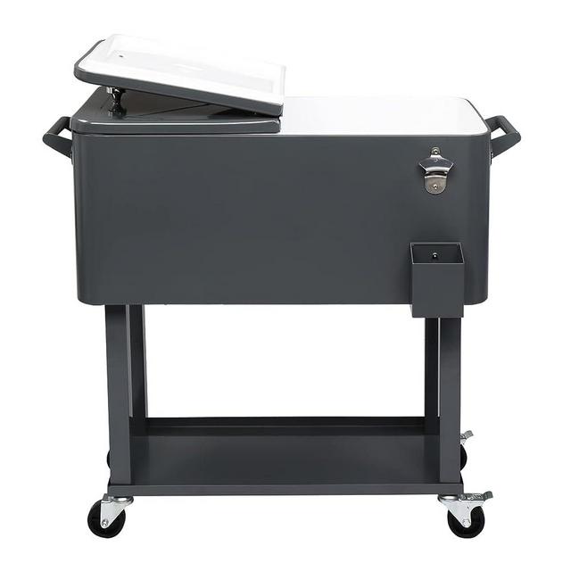 Outvita 80 Quart Rolling Ice Chest, Portable Bar Drink Cooler with Catch Basin, Bottom Storage Tray and Bottle Opener for Patio Party BBQ Beach Activities
