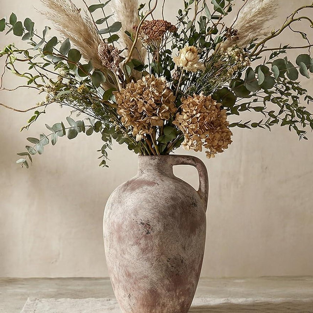 Ceramic Flower Vase with Handles,10" Neutral Tall Clay Terracotta Vases Farmhouse Table Vases with Handle Living Room Decor Rustic Pottery Pots for Home Shelf Coffee Dining Desk Fireplace