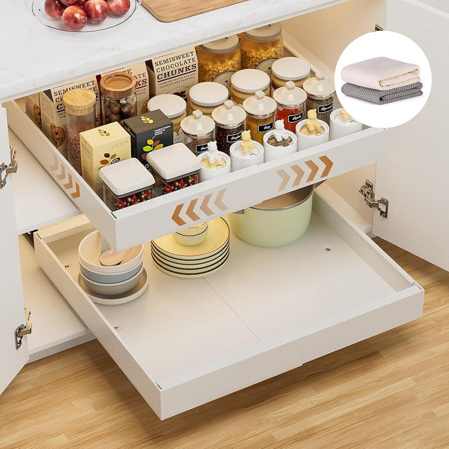 Spaciona 1 Pack Pull-Out Cabinet Organizer, 21" Deep, Expandable (12.2"-20.3"), Slide-Out Drawer for Kitchen Cabinet with 2 Cleaning Cloths, Roll-Out Shelf for Pantry, Bathroom, 3 Slide Rails, White