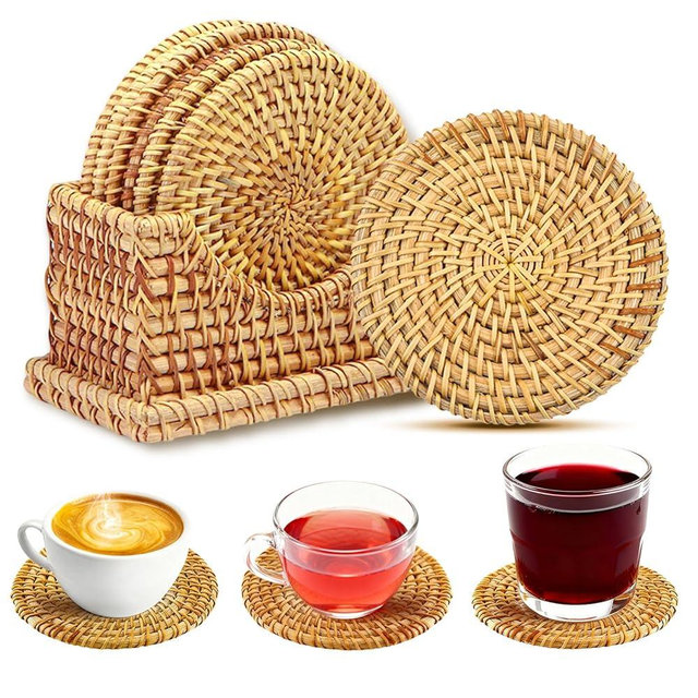 Handmade Rattan Coasters Set of 6 with Holder -Boho Wicker Coasters for Drinks, Round Rattan Coaster, Rustic Farmhouse Wooden Coffee Table Decor, Kitchen, Dining Room, Housewarming Gift (Brown B)