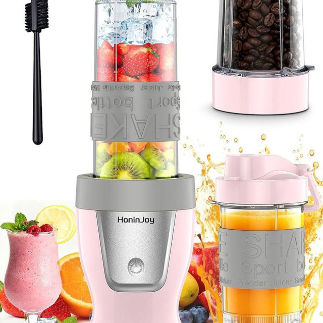 HoninJoy Smoothie Blender, 650W Personal Blenders for Shakes and Smoothies with Grinder Cup & 2 BPA-Free Portable Cups (20oz+14oz), Portable Blender for Juices, Smoothies Maker for Kitchen, Pink