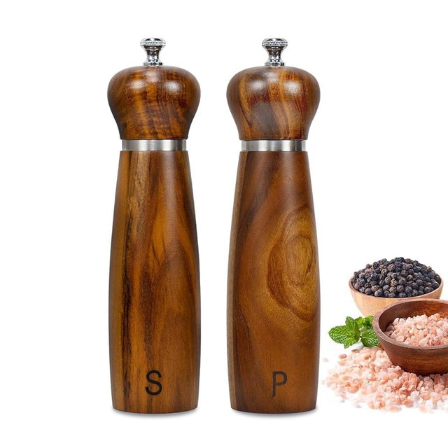 Wooden Salt and Pepper Grinder Set, Haomacro 8 Inches Acacia Wood Salt & Pepper Mills Adjustable Coarseness, Classic Refillable Salt Grinders with Ceramic/Stainless Steel Core for Kitchen