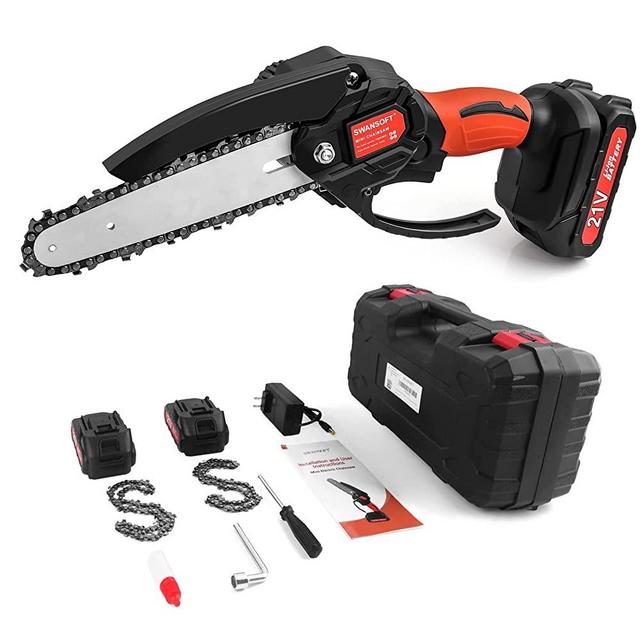 SWANSOFT 6 inch Mini Chainsaw Cordless, Battery Powered Small Chainsaw with Security Lock, Handheld Electric Chainsaw for Tree Trimming and Wood Cutting