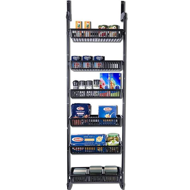 Keren Over The Door Pantry Organizer - 6-Tier Home Organization Steel & Resin Construction with 3 Sets of Padded Hooks Hanging, Cans, Spice, Storage, Closet, Balck, 63.5"x18.5"