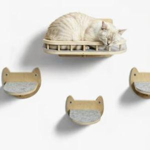 Pacific Pups Rescue Wall Mounted Cat Shelves & Steps, Natural Wood