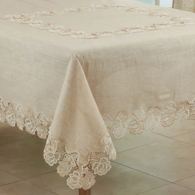 Saro Lifestyle Elegant Tablecloth With Lace Rose Border, Natural, 72" x 72"