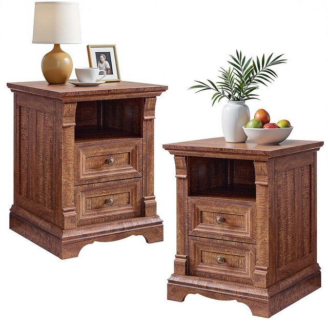 T4TREAM Farmhouse Nightstand Set of 2, 18" Sofa Side Table with Charging Station, Wooden End Table w/Roman Column, Bedside Cabinet for Bedroom, Living Room, Reclaimed Barnwood