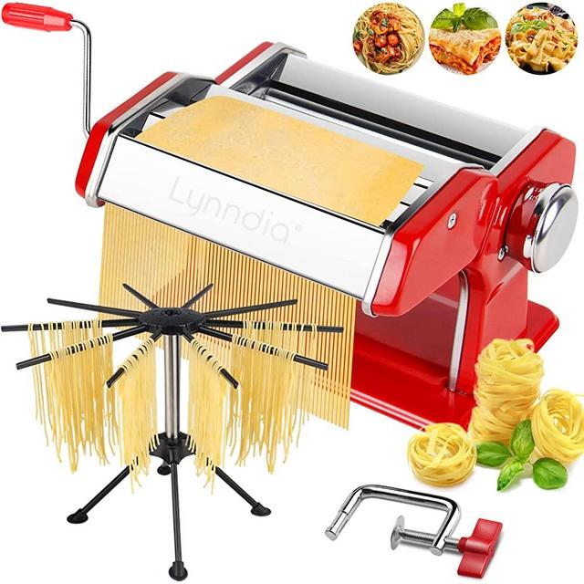 2 in 1 Pasta Maker with Pasta Rack, Lynndia Pasta Machine with 9 Dough Rollers with Adjustable Thickness and 2 Blade Dough Cutters and Desktop Fixing Clip, Suitable for Homemade Pasta, Spaghetti -RED