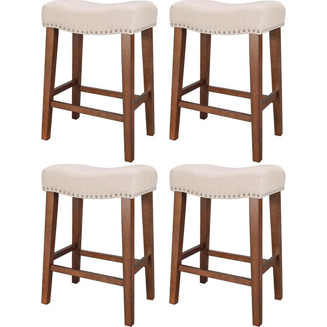 PrimeZone Counter Height Bar Stools Set of 4 - Backless Saddle Barstools with 4.3" Thick Upholstered, Nailhead Trim Linen Fabric & Solid Wood Legs, 24 Inch Counter Stools for Kitchen Island, Beige