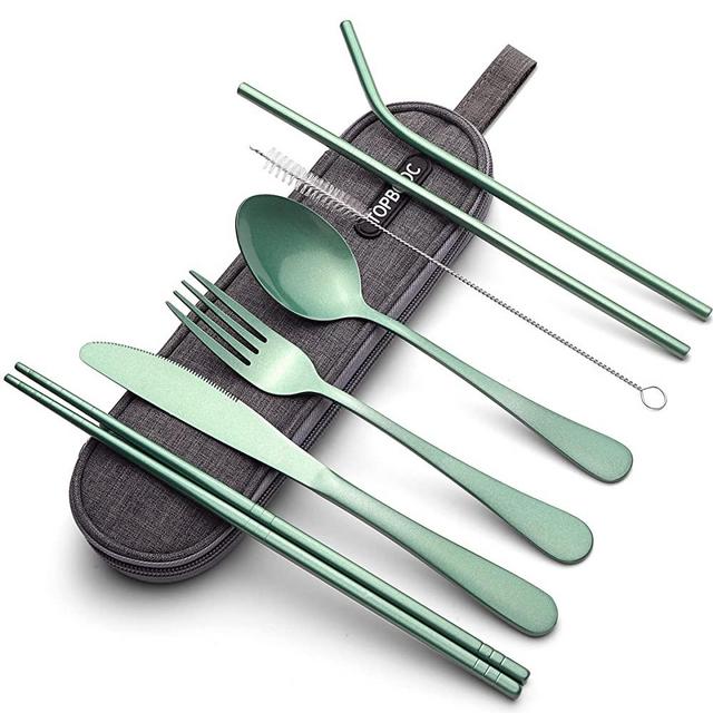 Portable Stainless Steel Flatware Set, Travel Camping Cutlery Set, Portable Utensil Travel Silverware Dinnerware Set with a Waterproof Case (Green)