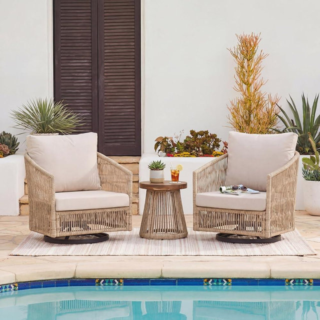 SUNSITT 3-Piece Patio Furniture Set, Outdoor Swivel Rocker Chairs with Wood Top Coffee Table, Modern Open Weave Wicker Patio Set for Balcony, Porch, Backyard, Deck, Natural Color
