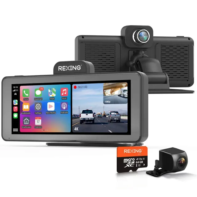 Rexing Wireless Apple CarPlay and Android Auto Display with 4K Dash Cam