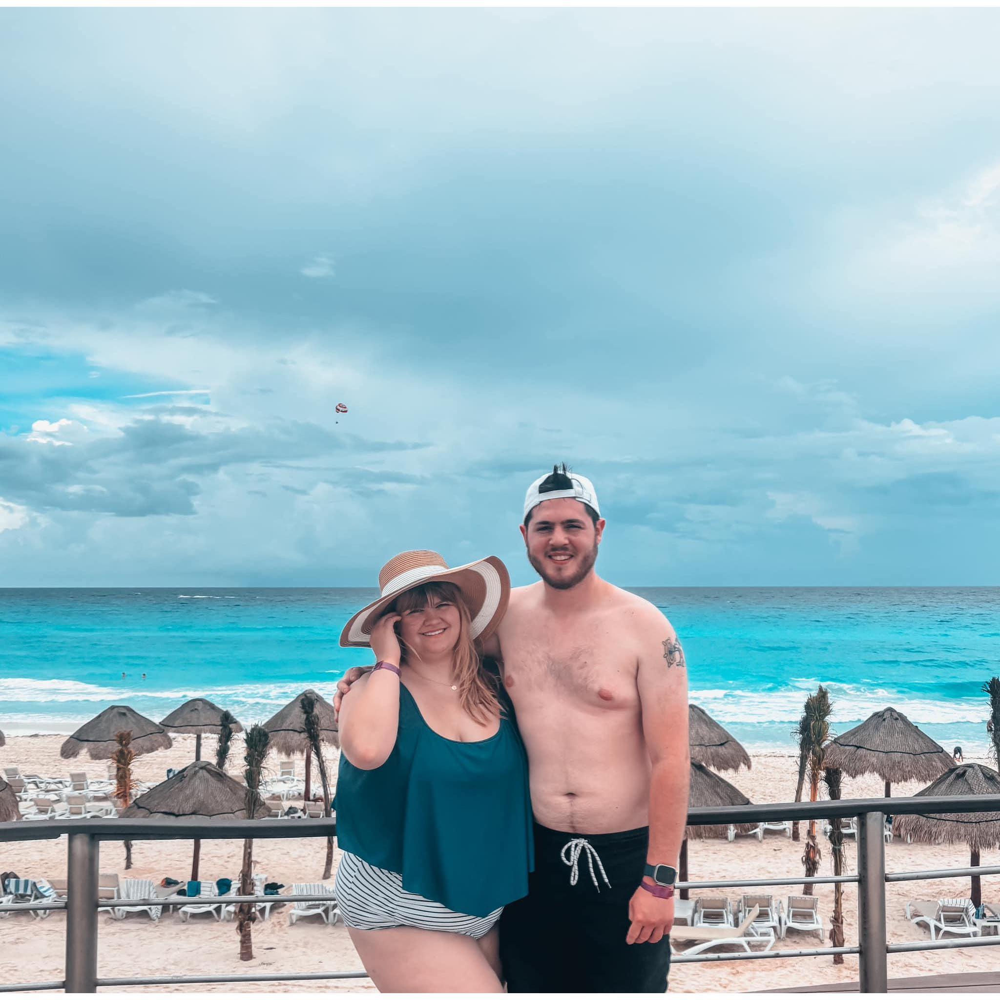 Our first picture from our first trip together outside of the U.S., right outside on our hotel's pool deck!