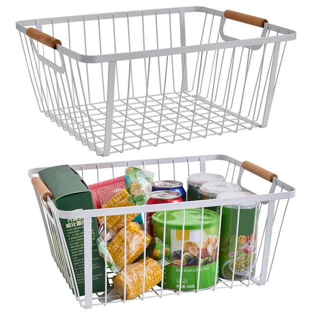 LeleCAT Wire Baskets with Wooden Handle ,Metal Wire Storage Baskets Country Vintage Style Storage Baskets.Storage bins for Kitchen,Bedroom,Bathroom,White,Set of 2