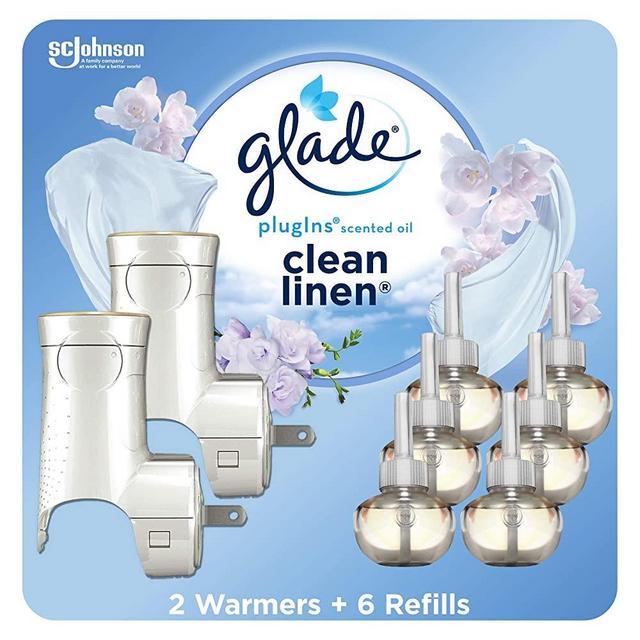 Glade PlugIns Refills Air Freshener Starter Kit, Scented and Essential Oils for Home and Bathroom, Clean Linen, 4.02 Fl Oz, 2 Warmers + 6 Refills