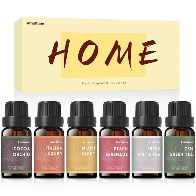 AmaKane Home Fragrance Oils, Diffuser Oils Scents for Home, Candle Making Scents, Fragrance Oil for Soap Making, Fresh White Tea, Cocoa Orchid, Peach Serenade and More Essential Oils, 6x10 ml