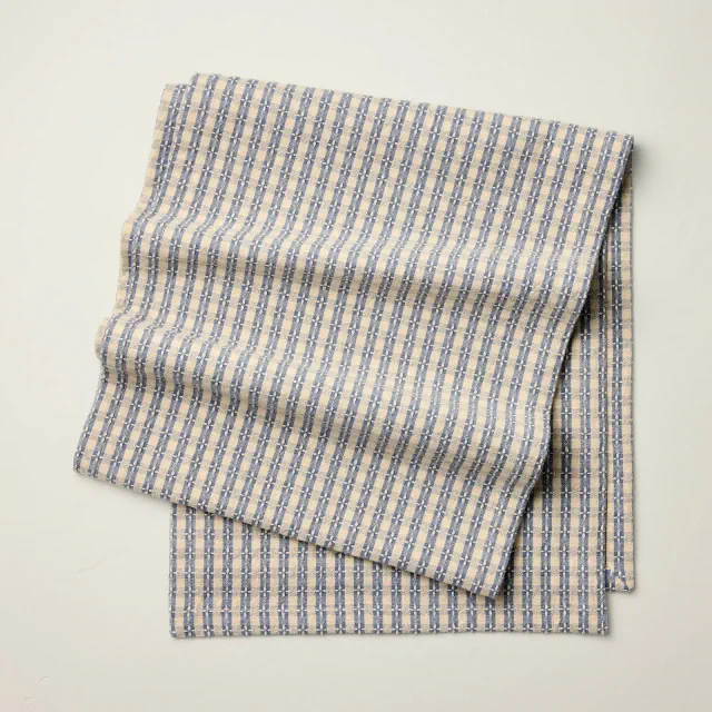 14"x72" Textured Gingham Table Runner Beige/Blue - Hearth & Hand™ with Magnolia