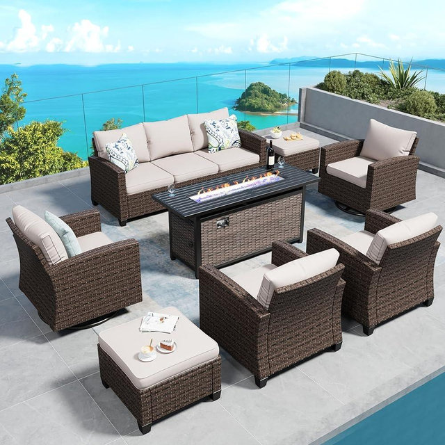 SUNSHINE VALLEY Swivel Glider Patio Furniture Set Outdoor Furniture Brown Wicker Rattan Patio Conversation Sets with Cushion Outside Sofa Set,7 Pieces with Rectangular Firepit Table,9 Seats,Beige