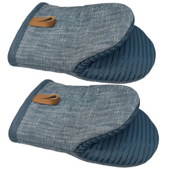 Mini Oven Mitts 1 Pair, Silicone Short Oven Mitts Heat Resistant up to 500°F, Non-Slip Grip Surfaces and Hanging Loop Gloves for Kitchen Cooking Baking Barbecue (Blue)