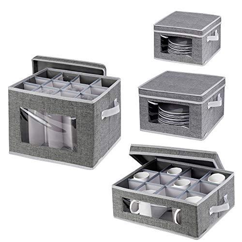 China Storage Box for Dinnerware,Tea Cups and Mugs with Lid and Handles, Primum Polyester fabric with Felt Plate Dividers,Set of 4 Grey