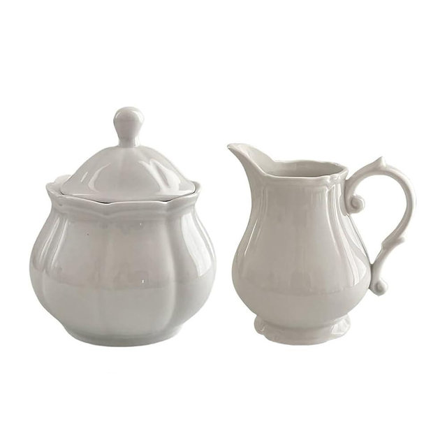 WAIT FLY Vintage Embossed Ceramic Creamer and Sugar Bowl Set, Cream Pitcher, Sugar Bowl with Lid, Coffee Serving Set-White-Creamer Bowl Set