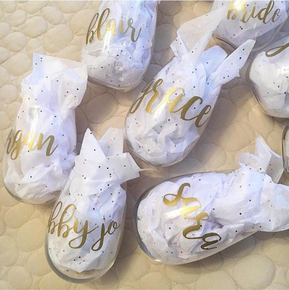 Personalized Stemless Wine Glass, White Lettering, Bridal Gift