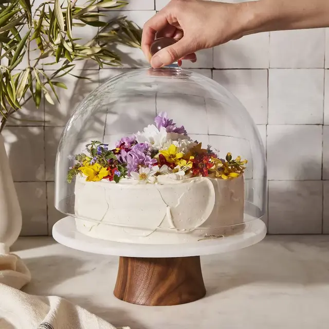 Marble & Walnut Wood Rotating Cake Stand