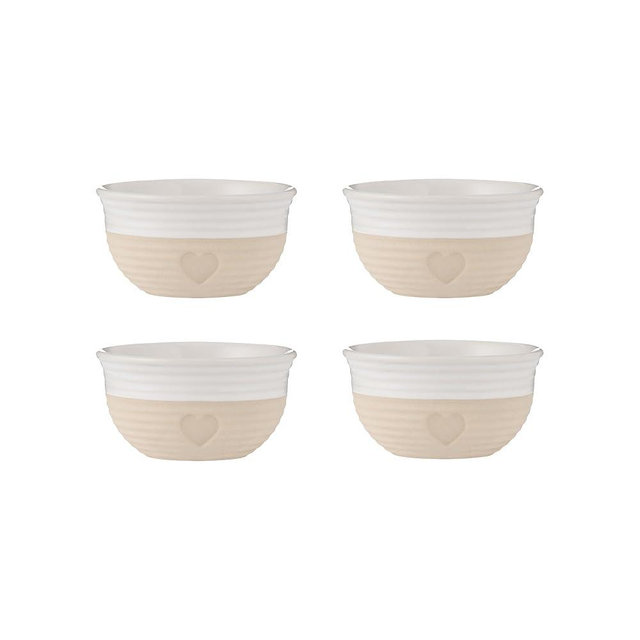 Mason Cash Rustic Charm Mini Bowls Set of 4 Stoneware Bowls with Debossed Heart Motif 150ml Capacity Ideal for Pinch Pots Dips Desserts
