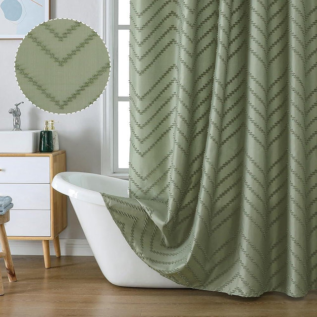 Chyhomenyc Chevron Light Sage Green Boho Shower Curtain 72x72 inches, Fabric Shower Curtain Modern Chic Textured Tufted Chevron Striped Minimalist Hotel Bathroom Shower Curtain