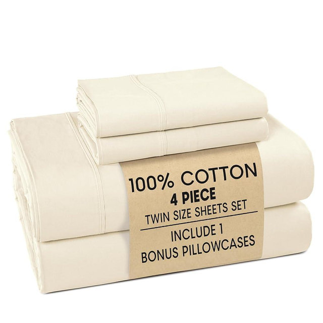 Casa Platino Twin Bed Sheets – Breathable 4 Piece Percale Cooling Twin Sheets with Crisp Feel, with 15 Inch Deep Pocket Fitted Sheet, Ultra Soft & Cozy Feel, Fit – Ivory