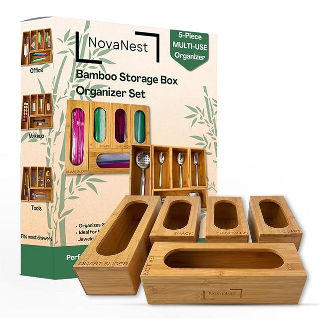 5PCS Bamboo Storage Bag Organizer Set, Multi-Use Baggie Organizers for Gallon, Quart, Sandwich, Snack Food Bags, Tea Bag, Silverware, Ideal for Kitchen, Office, Makeup, Bathroom, Utensil, Junk Drawer