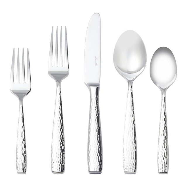 Luciella Ponza Flatware Set for 12, 65-Piece Stainless Steel Silverware Set with Serving Utensils, Timeless Hammered Design, Rust-Resistant, Mirror Polished & Dishwasher Safe