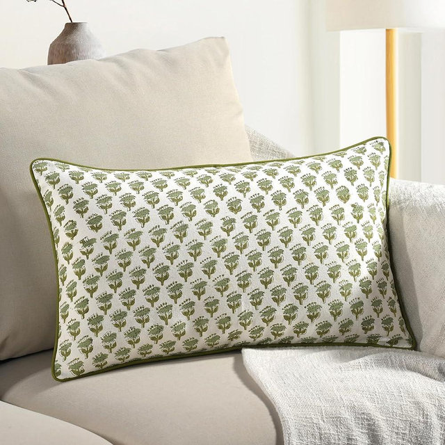 CPC Emerald Green 100% Cotton Block Print Sham Cover 12x20 inch, Handmade Boho Floral Pillowcase, Farmhouse Cottagecore Bedding, Soft Decorative Cushion Cover for Bedroom Décor