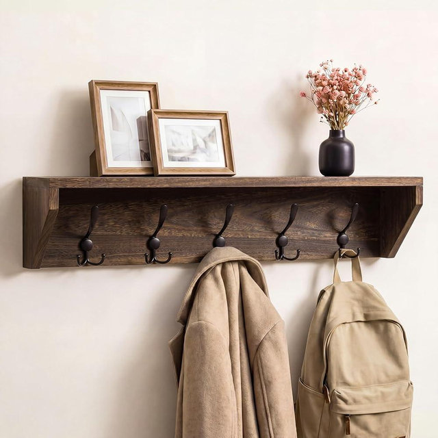 Geelin 29 Inch Wall Shelf with Hooks and Shelf Organizer Wall Mount Coat Rack with 5 Triple Hooks for Hanging for Entryway, Hallway, Bathroom, Living Room, Bedroom
