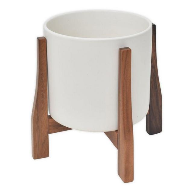 Rita 10-Inch Round Ceramic Planter with Acacia Stand in White