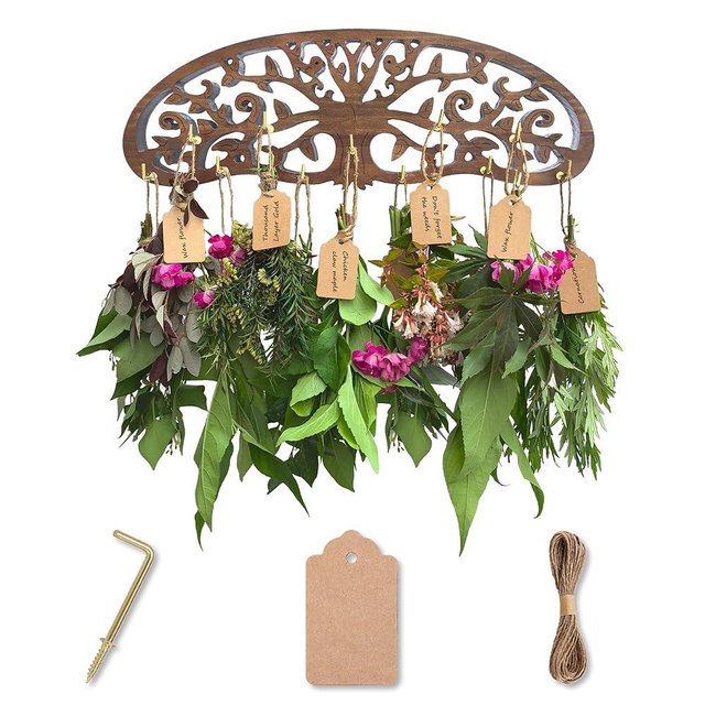 LkNNYY8 Rustic Herb Drying Rack Hanging,Wooden Tree of Life Dried Herb Flowers Rack Wall Art,Home Kitchen Witch Decor Wall Flowers Grass Gift,With 11 Hooks and 25 Gift Cards & 40 Inch Twine