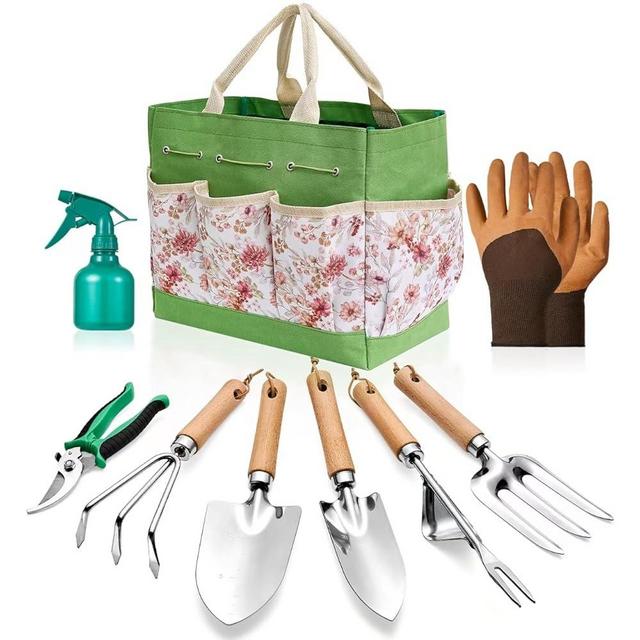 Gardening Tools of 9 Pieces | Stainless Steel Heavy-Duty Gardening Hand Tools with a Delicate and Durable Storage Bag and Anti-Slip Rubber Gloves | Garden Tools Make Ideal Gardening Gifts for Women