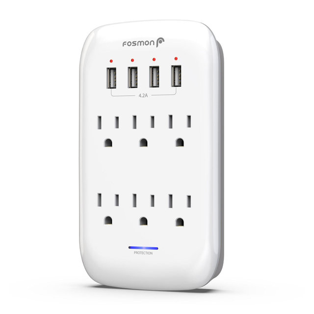 Fosmon [ETL Listed] 6-Outlet Plug Extender Wall Mount Surge Protector with 4-Port USB - White