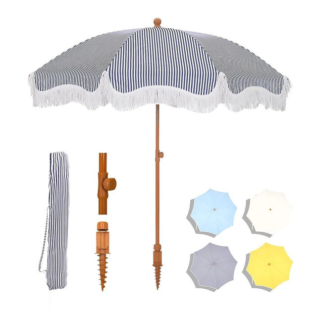MFSTUDIO 7ft Beach Umbrella with Fringe, Tassel Umbrellas UPF50+ with Tilt Button & Crank, Holiday Outdoor Umbrella with Carry Bag, Ideal for Garden Lawn Poolside, Navy Blue Stripe
