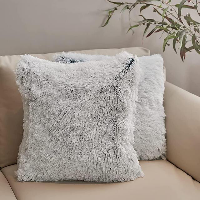 Cheer Collection Set of 2 Shaggy Long Hair Throw Pillows - Super Soft and Plush Faux Fur Accent Pillows - 18 x 18 inches, Blue Ombre