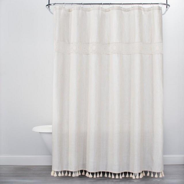 Solid Crochet with Tassels Shower Curtain Tan Blush - Opalhouse™