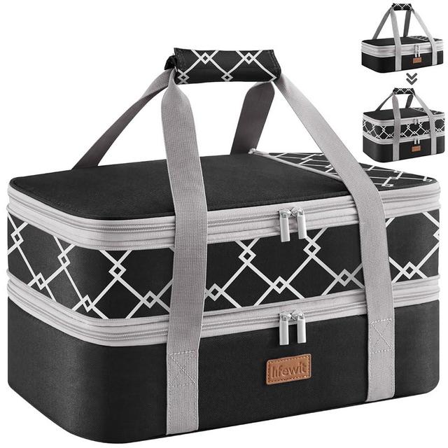 Lifewit Expandable Insulated Casserole Carrier for Hot or Cold Food, Double Decker Food Bag Lasagna Holder Carry Tote for Potluck Parties/Picnic/Cookouts, Fits 9"x13" Baking Dish, Black-Geometric