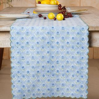 Mona Scallop Embroidered Blockprint Table Runner
