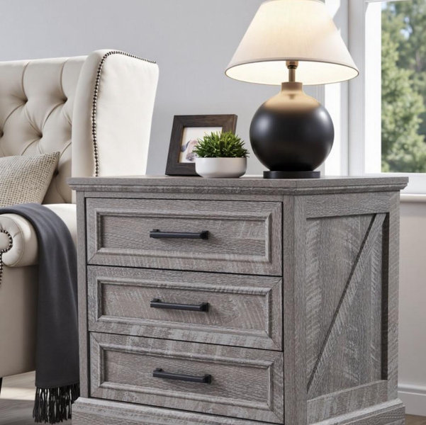 Nightstand with Charging Station, 24" Wide Farmhouse End Table with 3 Drawers & Handles, Night Stand Bedside Table for Bedroom, Living Room, Black - 1 piece, black