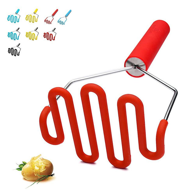 Potato Masher Silicone，Silicone Protect Body with Premuim Stainless Steel Non-Scratch Cookware for Smooth Mashed Potato Vegetables and Fruits Color Red by Jell-Cell