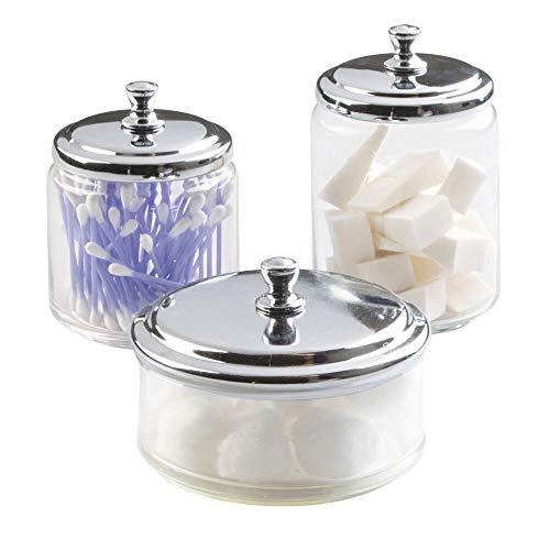 mDesign Glass Bathroom Vanity Apothecary Storage Organizer Canister Jar for Cotton Balls, Swabs, Makeup Sponges, Bath Salts, Hair Ties, Jewelry - Set of 3, Varied Sizes - Clear/Chrome
