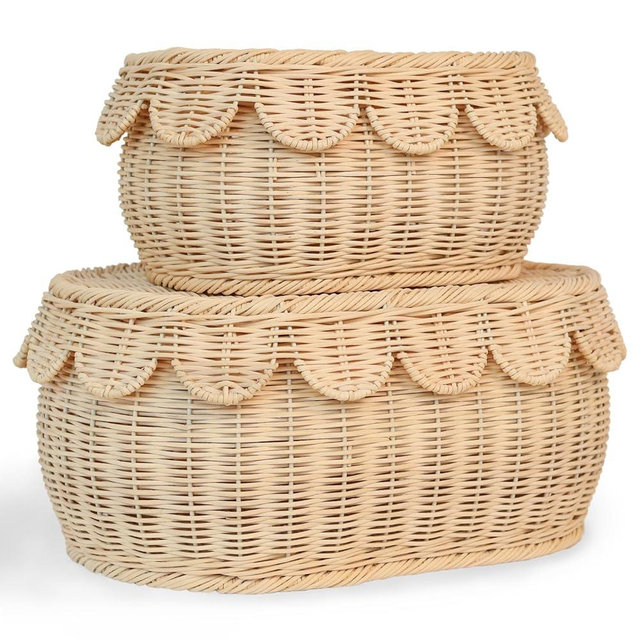 Palonona - Set of 2 Natural Rattan Storage Baskets with Scalloped Lids – Medium & Small Sizes – Handwoven Braided Edge Detail – Boho Accent Decor for Countertops, Shelves, Home Organization & Gifting.