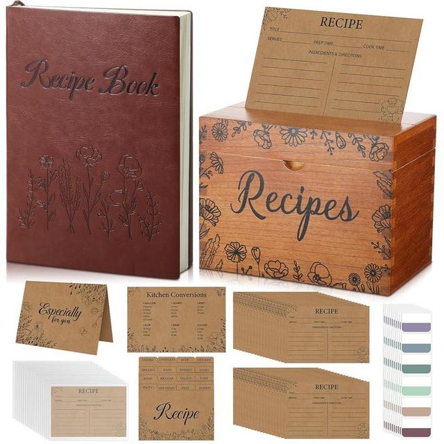 Maxdot 280 Pcs Recipe Cards and Book Set Vintage Wooden Recipe Box Rustic Kraft Cards and Dividers with Protectors Kitchen Gift for Cooking Lover Housewarming Bridal Showers, Weddings, Christmas Gifts