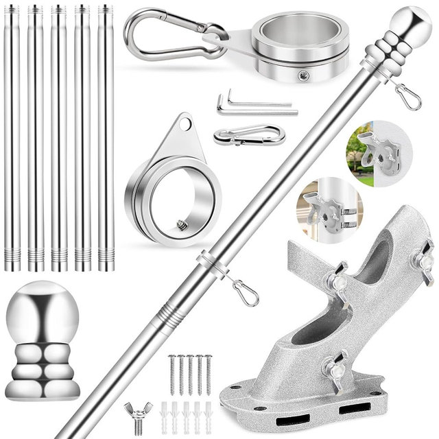REERON Flag Pole for House, 6 FT Stainless Steel Spinning Flag Pole Kit, 1" Rustproof Porch Flagpole with 360° Tangle Free Metal Flagpole Rings & 2-Position Bracket for Outdoor Sport for 3x5 Flags