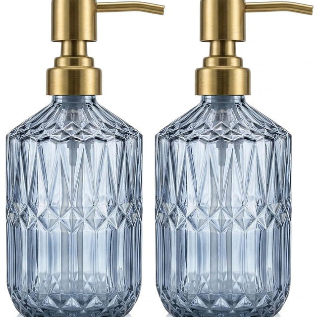 2-Pack Blue Soap Dispenser for Bathroom and Kitchen, Crystal Glass Hand Soap Dispenser with Metal Gold Pump, Countertop Soap Dispenser for Hand Soap, Dish Soap, Lotion, Body Wash (14 OZ)